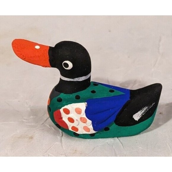 Handpainted Duck Wooden Carving Folk Art Decoy Miniature Colorful Figure Tiny - Picture 3 of 14